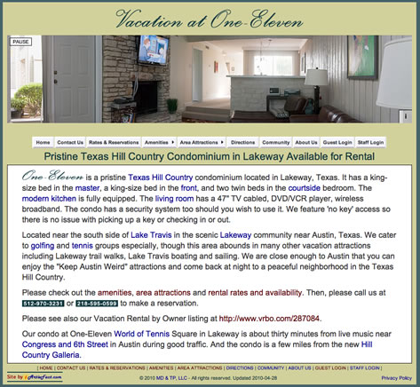 Screen shot. Click to go to Vacation at One-Eleven web site.